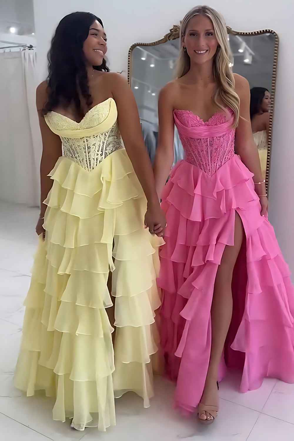 Red A-Line Sweetheart Tiered Ruffled Long Corset Prom Dress with Lace