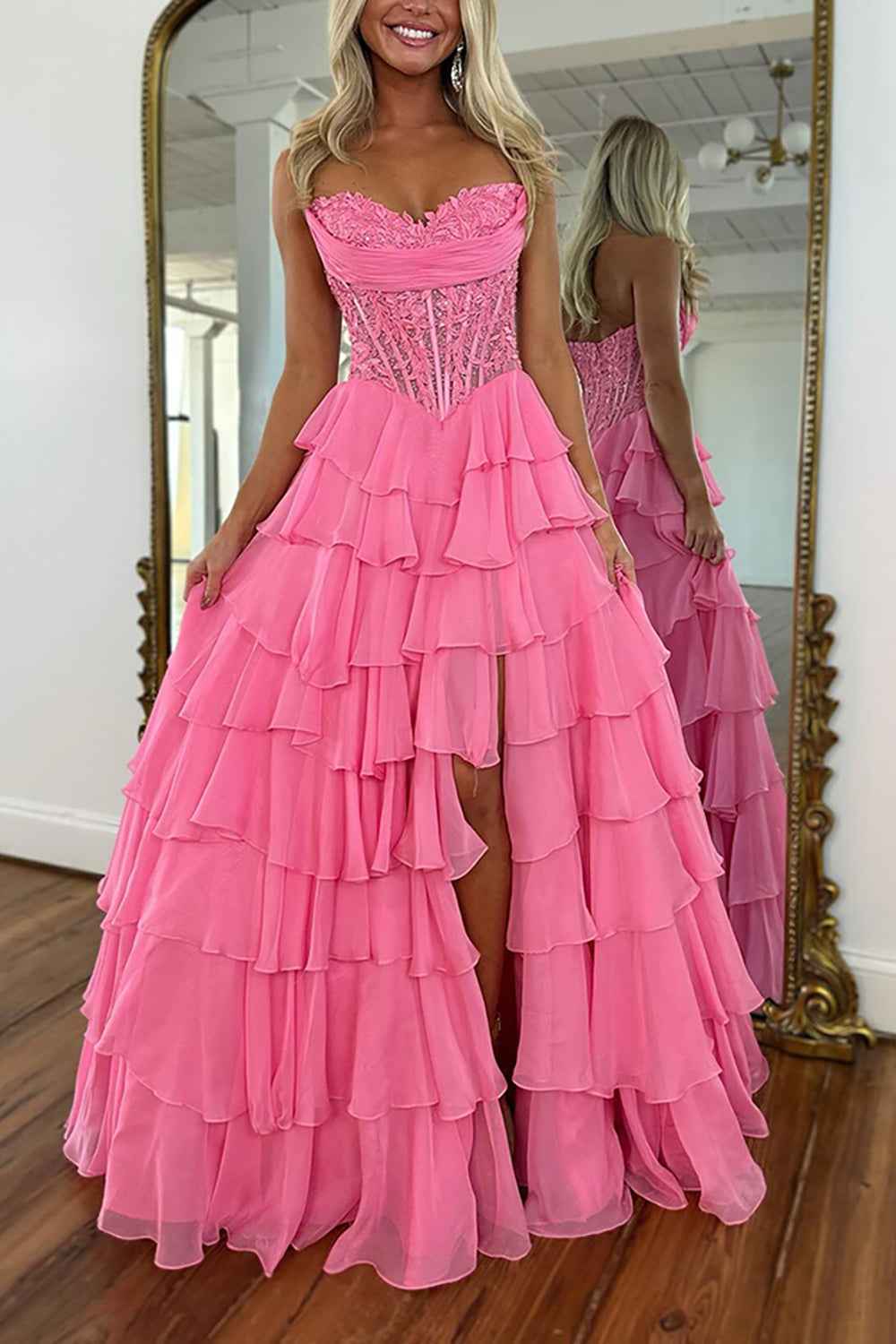 Red A-Line Sweetheart Tiered Ruffled Long Corset Prom Dress with Lace
