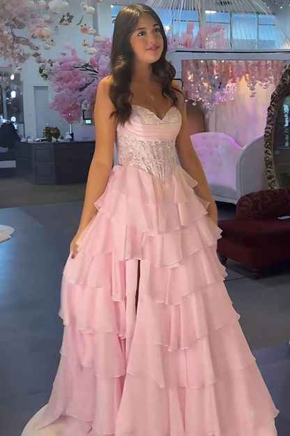 Red A-Line Sweetheart Tiered Ruffled Long Corset Prom Dress with Lace