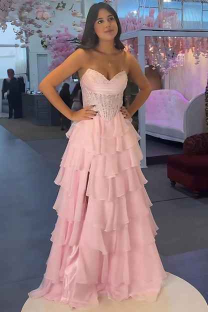 Red A-Line Sweetheart Tiered Ruffled Long Corset Prom Dress with Lace