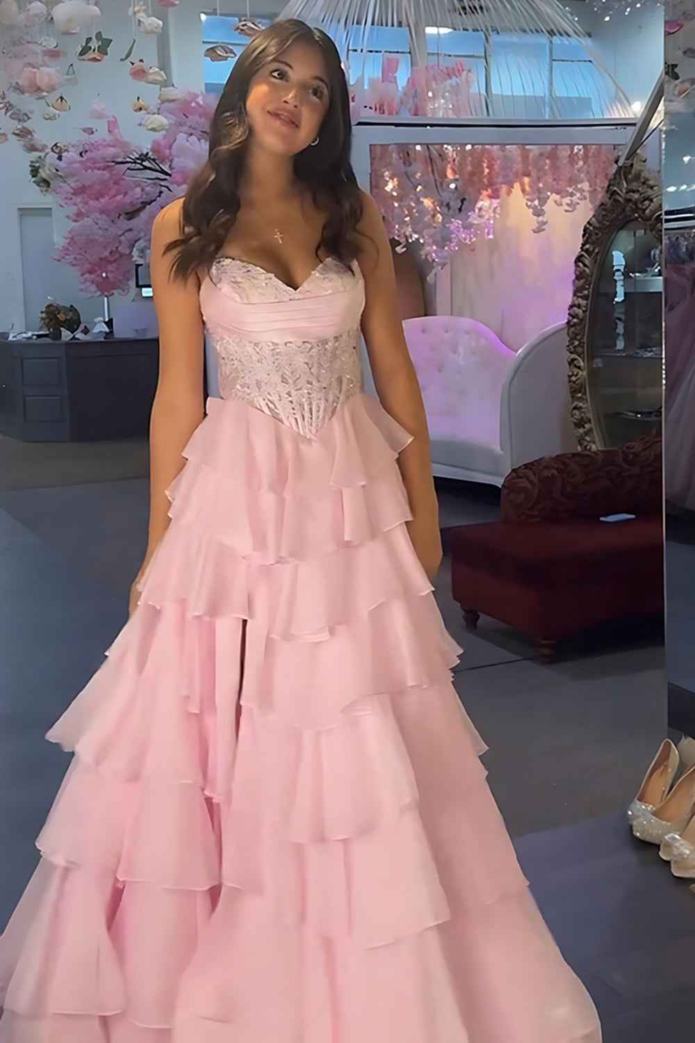 Red A-Line Sweetheart Tiered Ruffled Long Corset Prom Dress with Lace