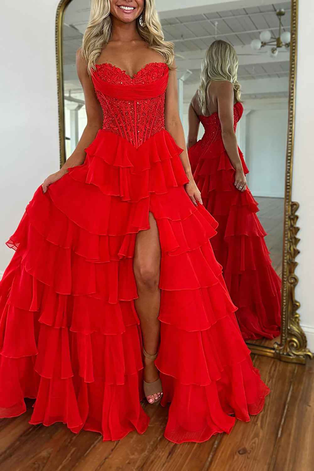 Red A-Line Sweetheart Tiered Ruffled Long Corset Prom Dress with Lace