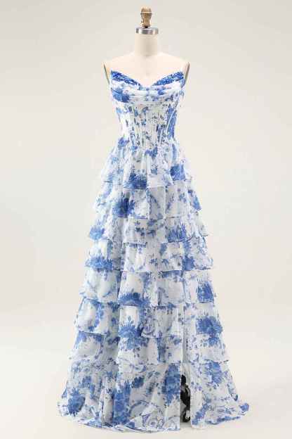 Floral Blue A-Line Corset Tiered Long Chiffon Prom Dress with Slit
