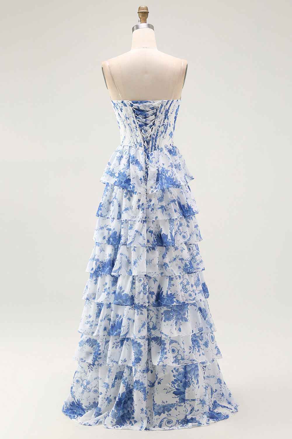 Floral Blue A-Line Corset Tiered Long Chiffon Prom Dress with Slit