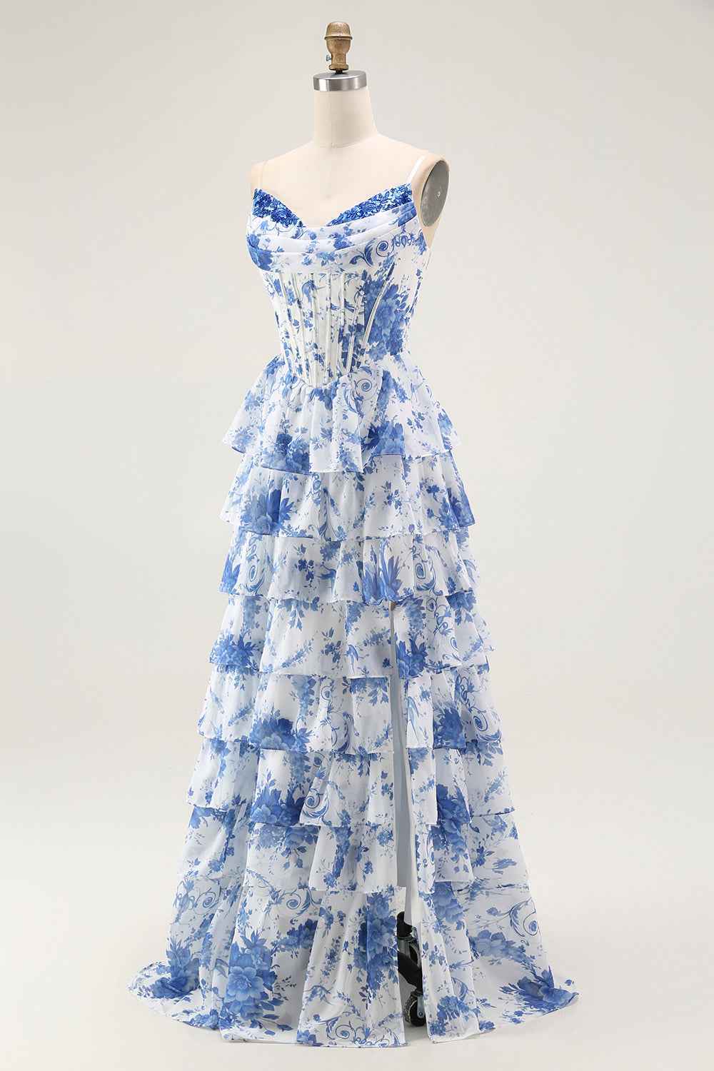 Floral Blue A-Line Corset Tiered Long Chiffon Prom Dress with Slit
