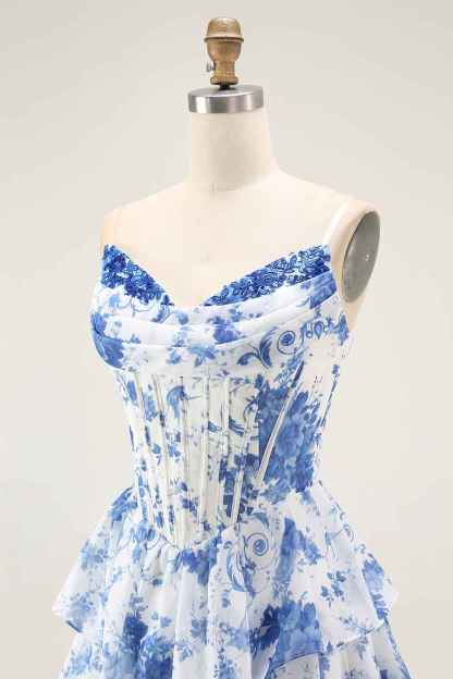 Floral Blue A-Line Corset Tiered Long Chiffon Prom Dress with Slit