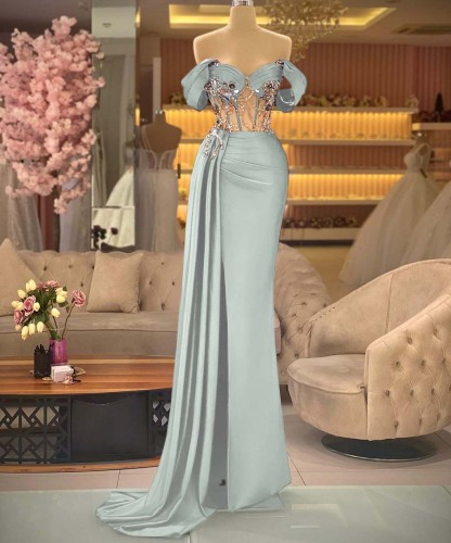 Elegant Off the Shoulder Royal Blue Beaded Sleeveless Prom Dress With Split