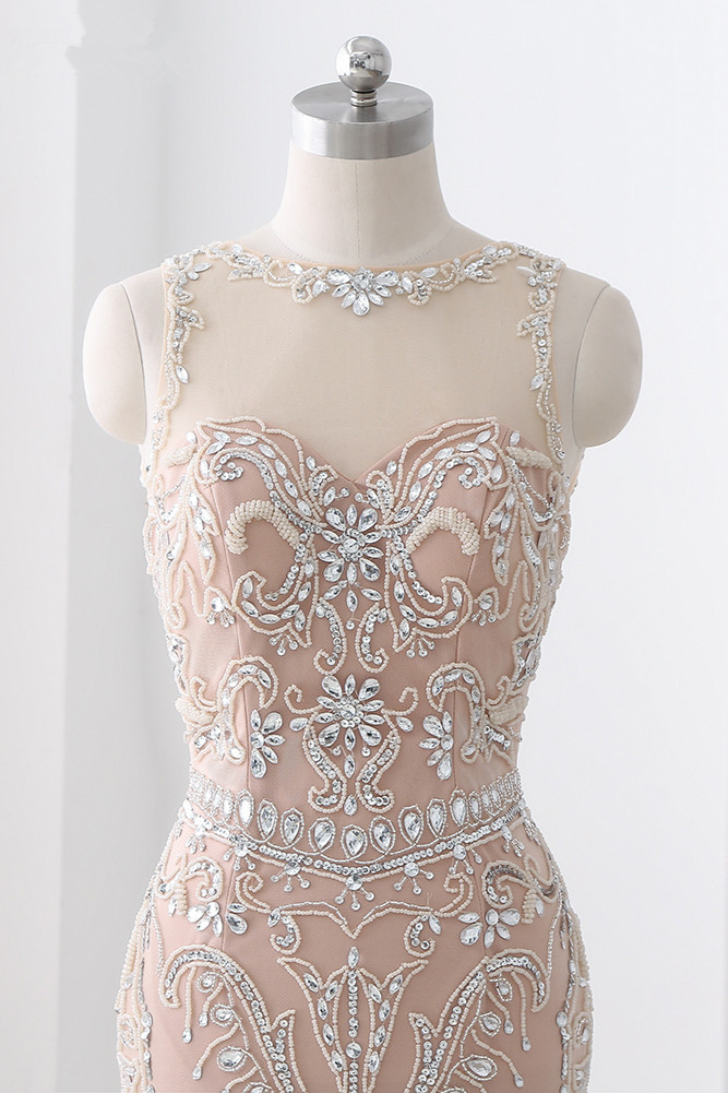 BMbridal Affordable Tulle Jewel Sleeveless Mermaid Prom Dress with Appliques
