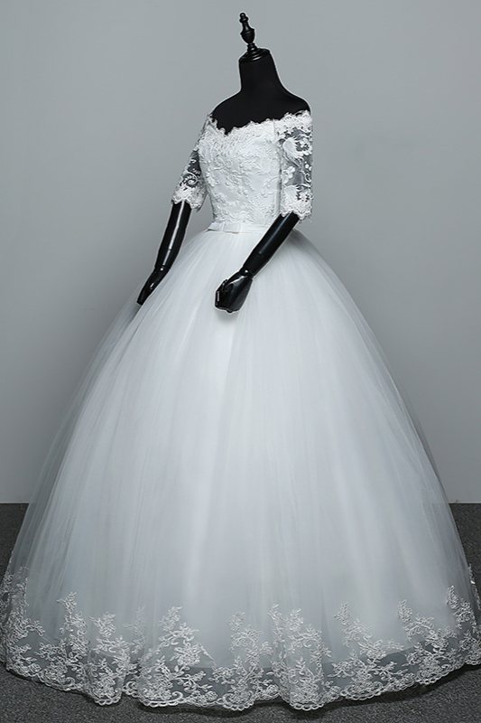 BMbridal Gorgeous Off-the-Shoulder Sweetheart Wedding Dress Tulle Lace White Bridal Gowns with Half Sleeves-BMbridal