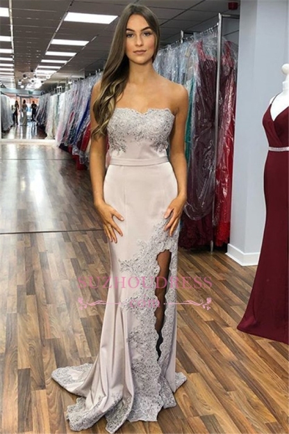 Bmbridal Strapless Mermaid Prom Dress Lace Appliques With Slit