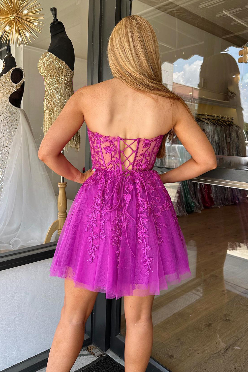 Sparkly Fuchsia Corset A-Line Tulle Short Homecoming Dress with Lace-BMbridal