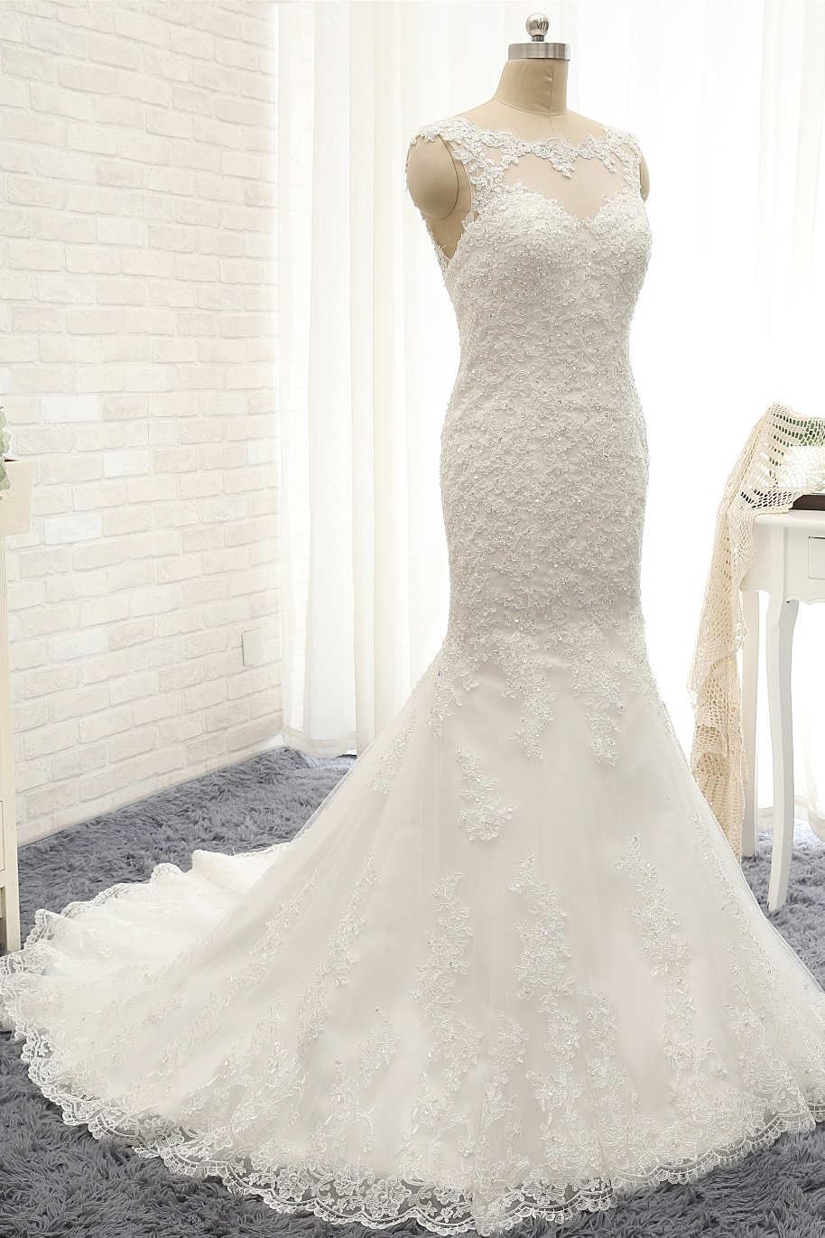 BMbridal Gorgeous Sleeveless Appliques Beadings Wedding Dress Jewel Tulle White Bridal Gowns On Sale