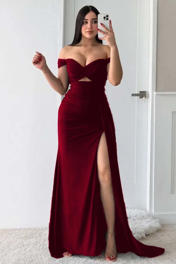 Off the Shoulder Sleeveless Long Split Prom Dress With Pleated