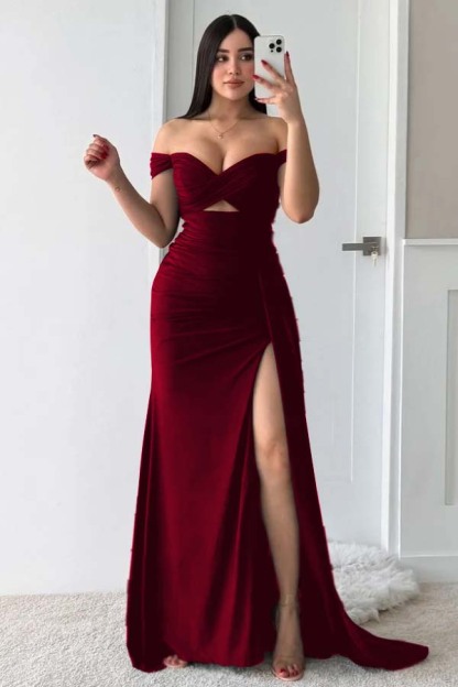Off the Shoulder Sleeveless Long Split Prom Dress With Pleated
