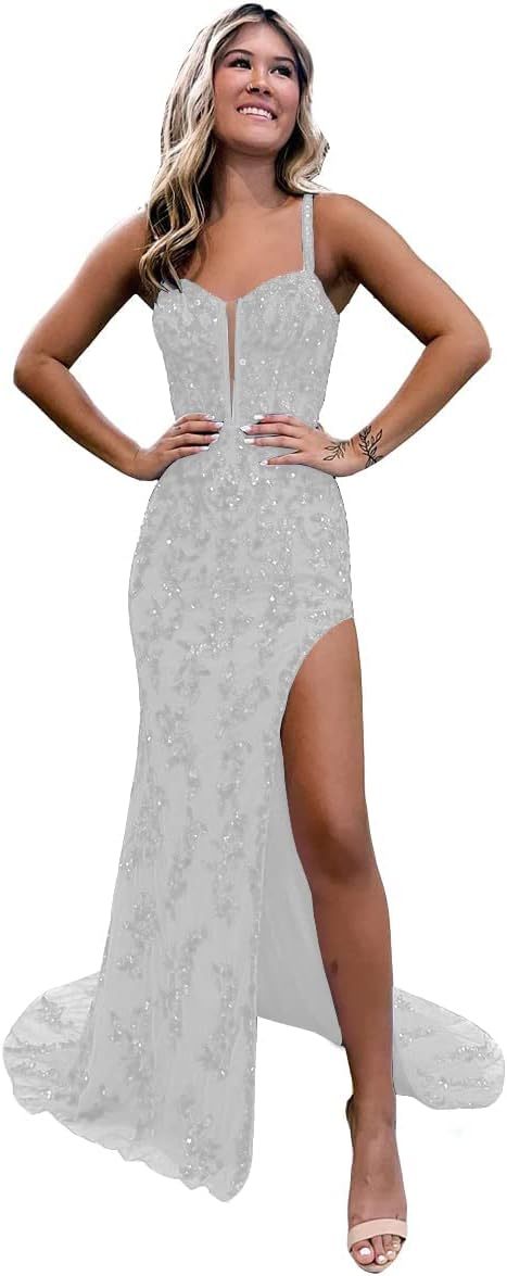 Women's Sweetheart Long Prom Dresses with Slit Tulle Mermaid Formal Evening Gowns with Lace Applique-BMbridal