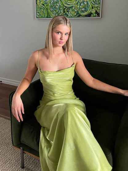 Light Green Sheath Spaghetti Straps Long Prom Party Dress with Backless