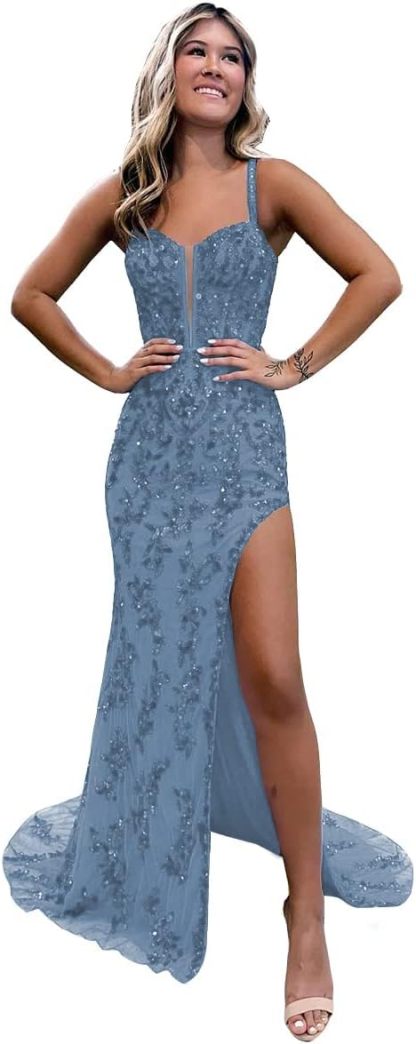 Women's Sweetheart Long Prom Dresses with Slit Tulle Mermaid Formal Evening Gowns with Lace Applique-BMbridal