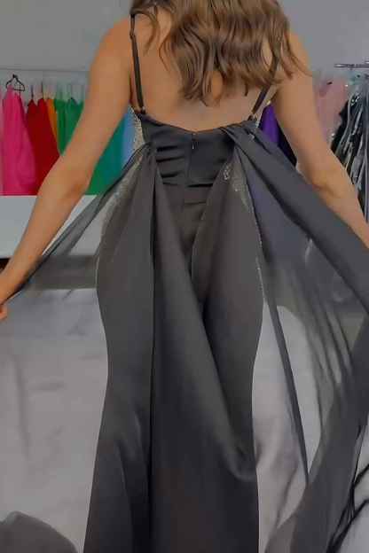 Sparkly Black Mermaid Detachable Train Satin Long Beaded Prom Dress with Slit