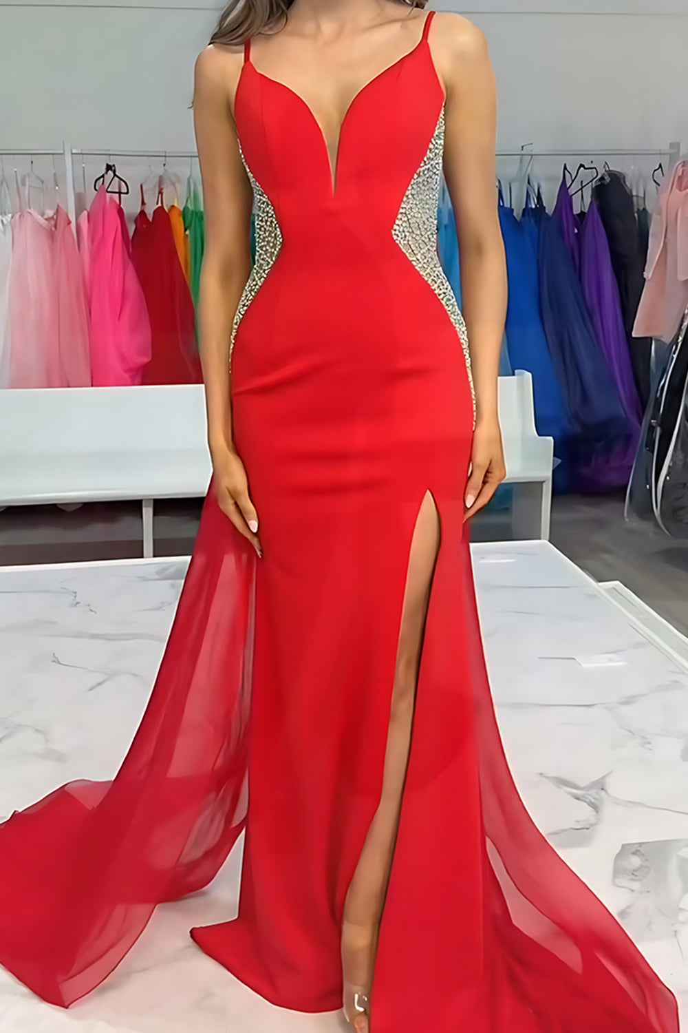 Sparkly Black Mermaid Detachable Train Satin Long Beaded Prom Dress with Slit