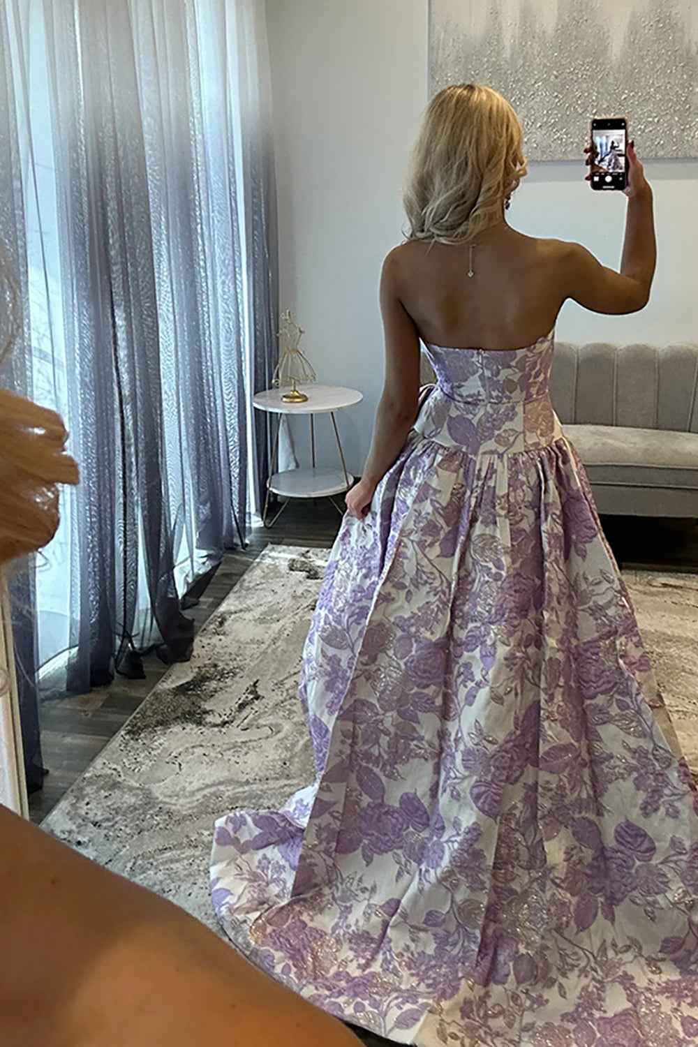 Purple Floral Sweetheart A Line Long Prom Dress with Bow
