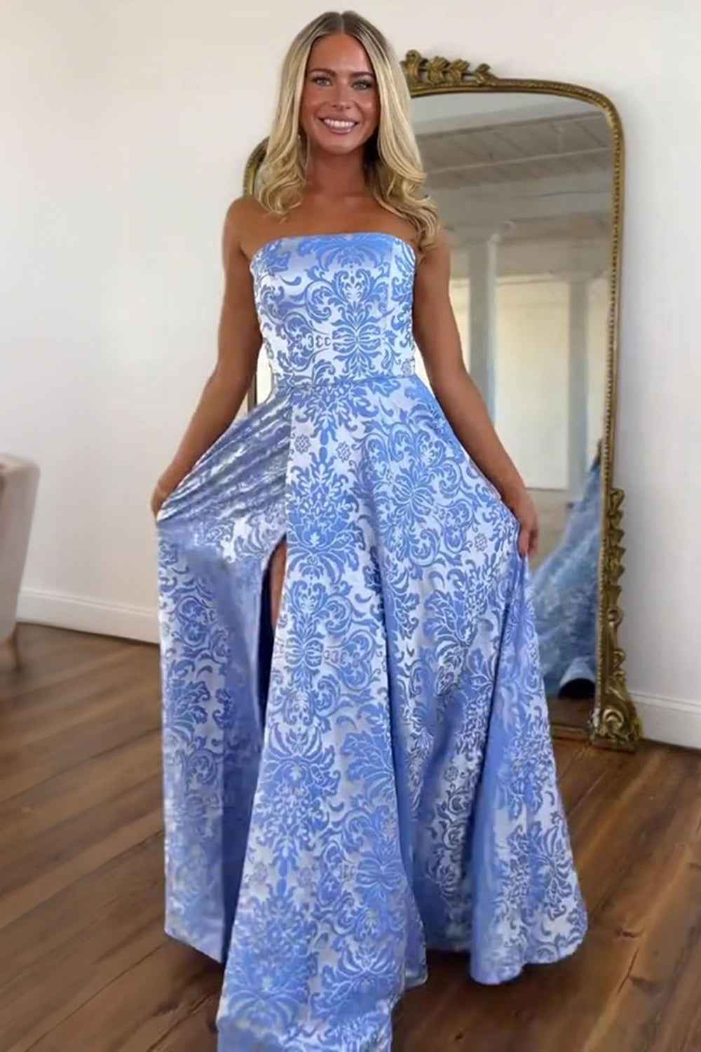 Floral Pink Strapless A Line Long Prom Dress with Slit