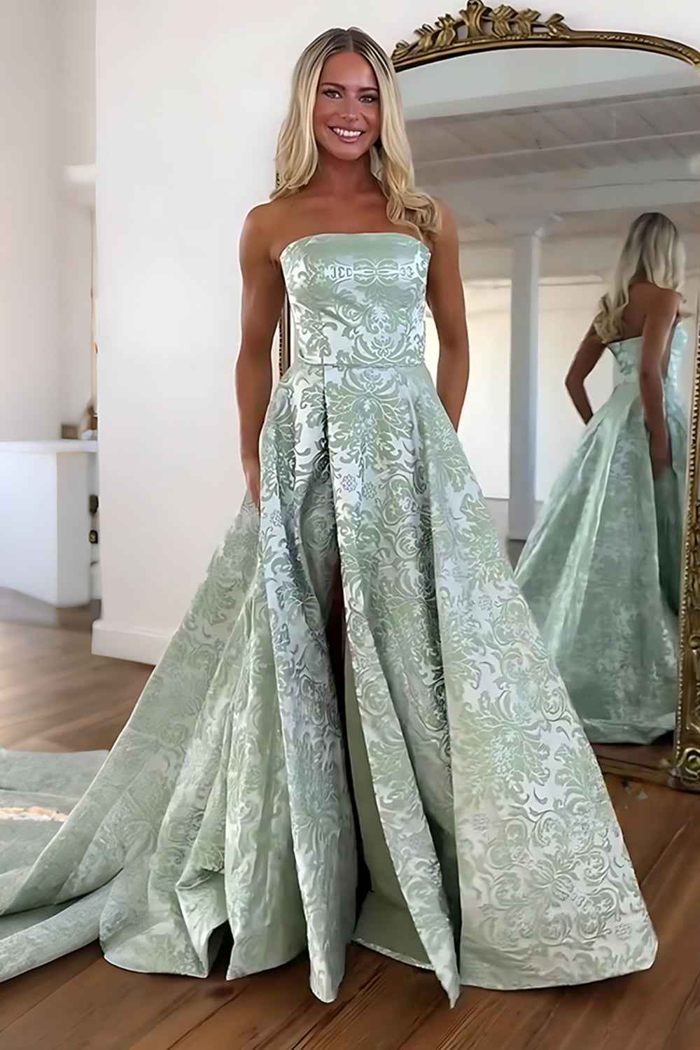 Floral Pink Strapless A Line Long Prom Dress with Slit