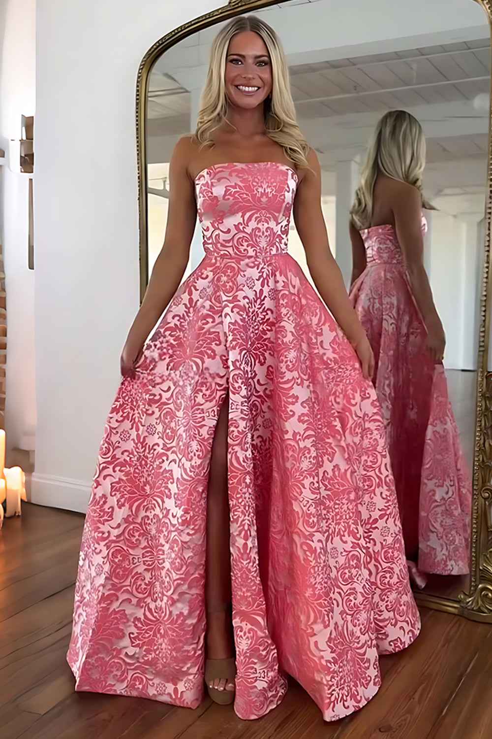 Floral Pink Strapless A Line Long Prom Dress with Slit