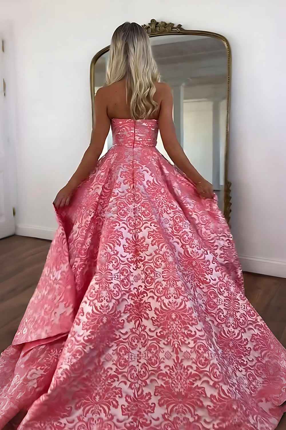 Floral Pink Strapless A Line Long Prom Dress with Slit