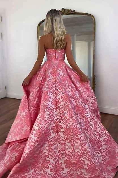Floral Pink Strapless A Line Long Prom Dress with Slit