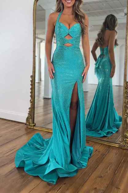 Sparkly Peacock Green Mermaid Satin Keyhole Long Beaded Prom Dress with Slit