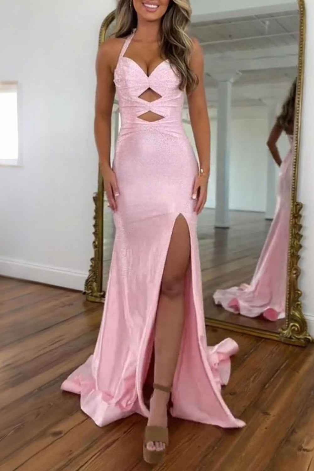 Sparkly Peacock Green Mermaid Satin Keyhole Long Beaded Prom Dress with Slit