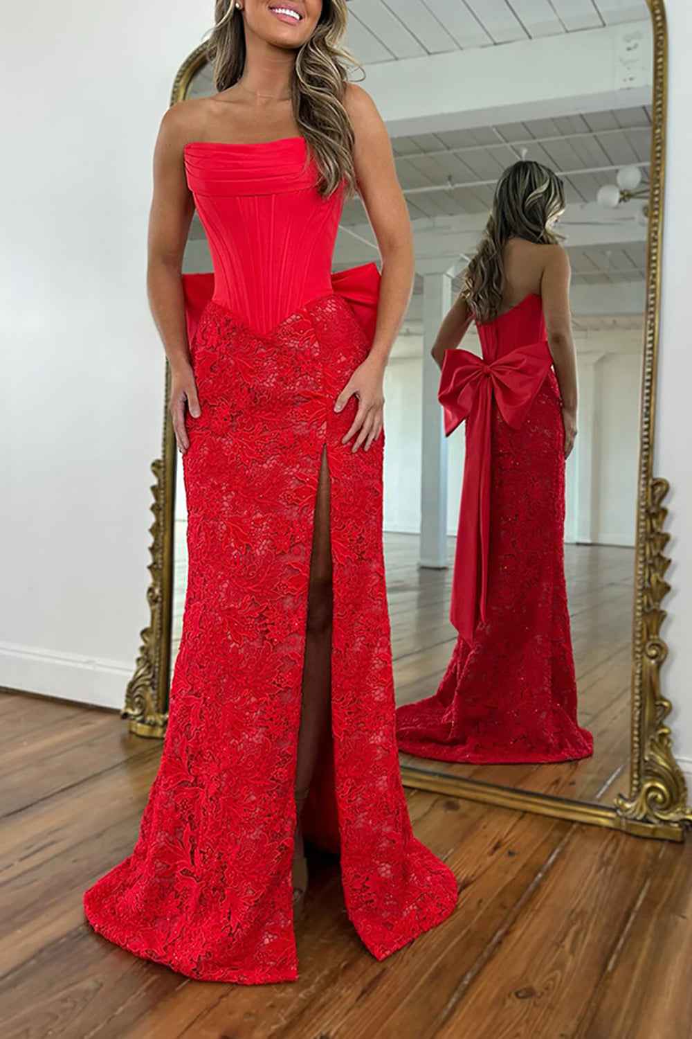 Red Lace Mermaid Strapless Long Corset Prom Dress with Bow