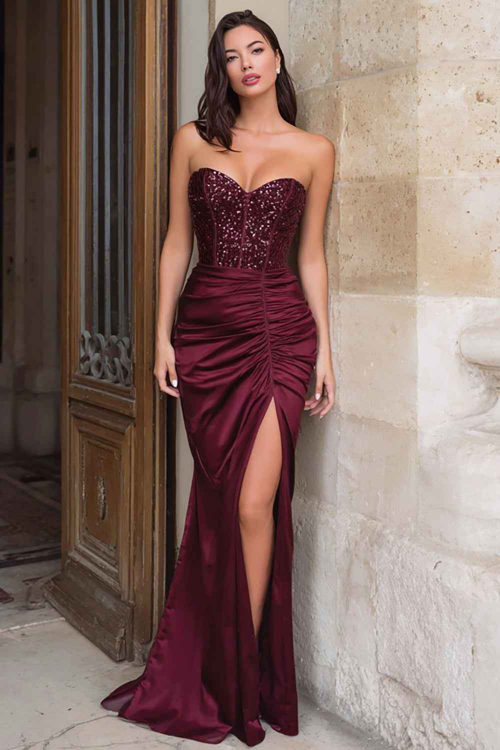 Sparkly Burgundy Satin Mermaid Sweetheart Long Corset Prom Dress with Slit