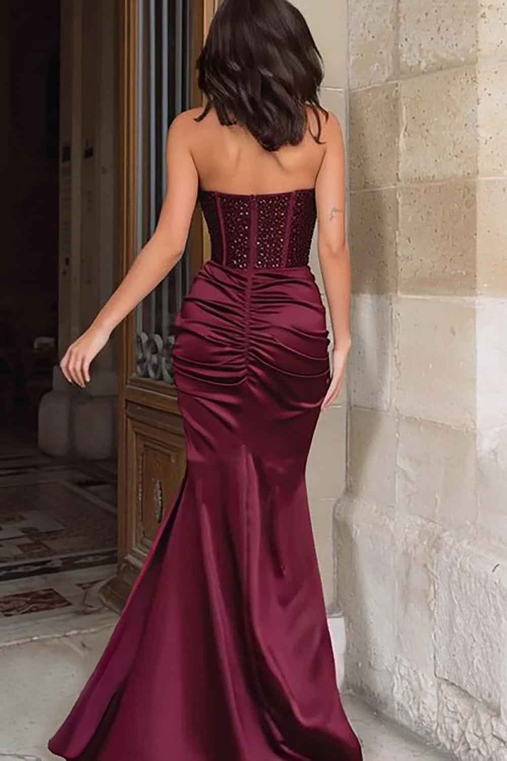 Sparkly Burgundy Satin Mermaid Sweetheart Long Corset Prom Dress with Slit