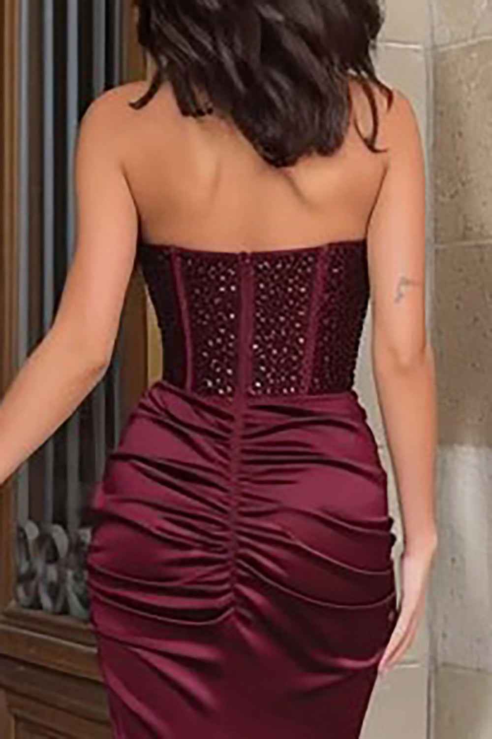 Sparkly Burgundy Satin Mermaid Sweetheart Long Corset Prom Dress with Slit
