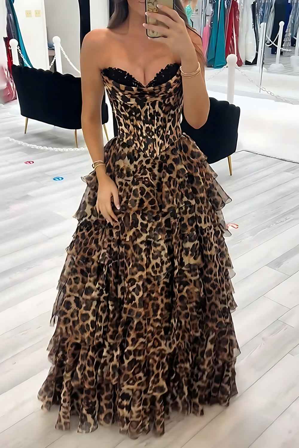 Brown Leopard A-Line Ruffled Sweetheart Long Corset Prom Dress