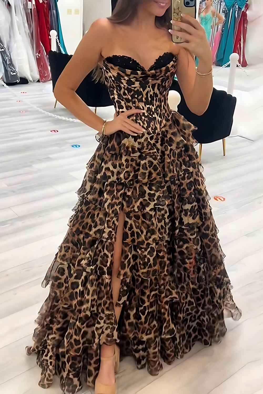 Brown Leopard A-Line Ruffled Sweetheart Long Corset Prom Dress