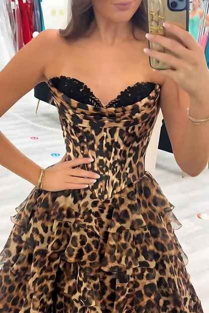 Brown Leopard A-Line Ruffled Sweetheart Long Corset Prom Dress