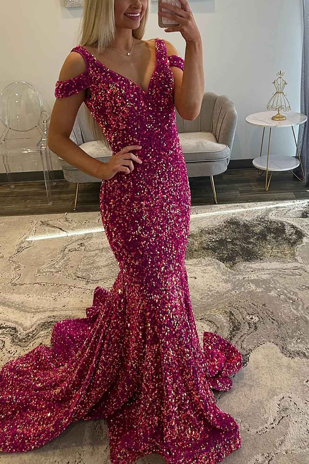 Sparkly Fuchsia Mermaid Cold Shoulder Long Sequin Prom Dress