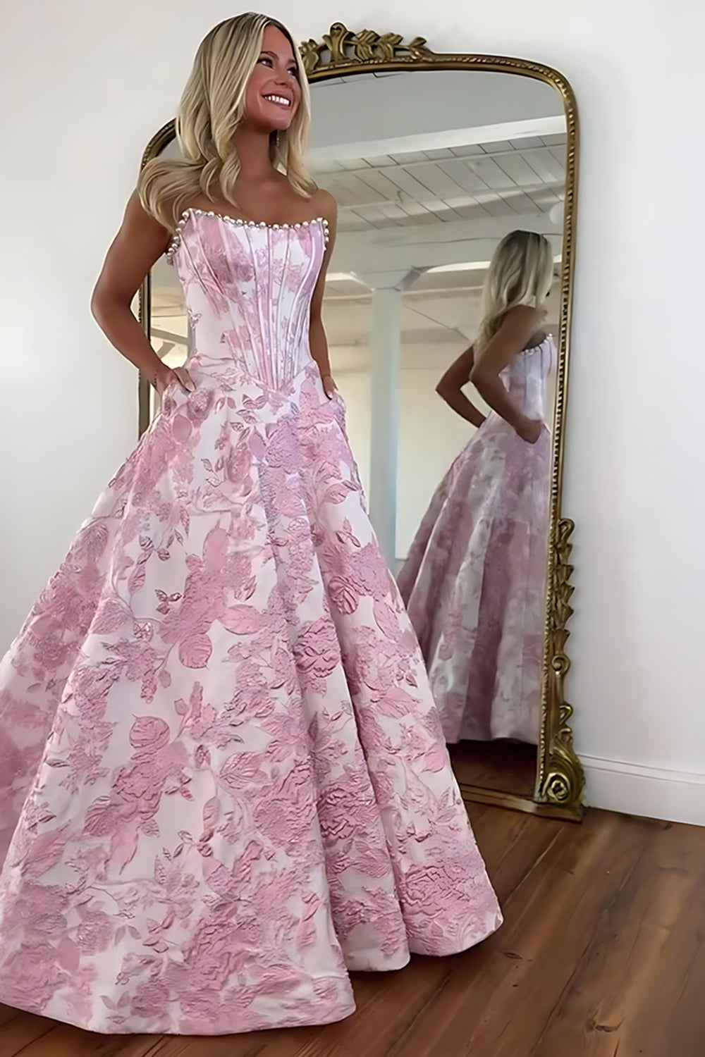 Sparkly Grey Blue Flower Strapless A-Line Long Corset Prom Dress with Beading