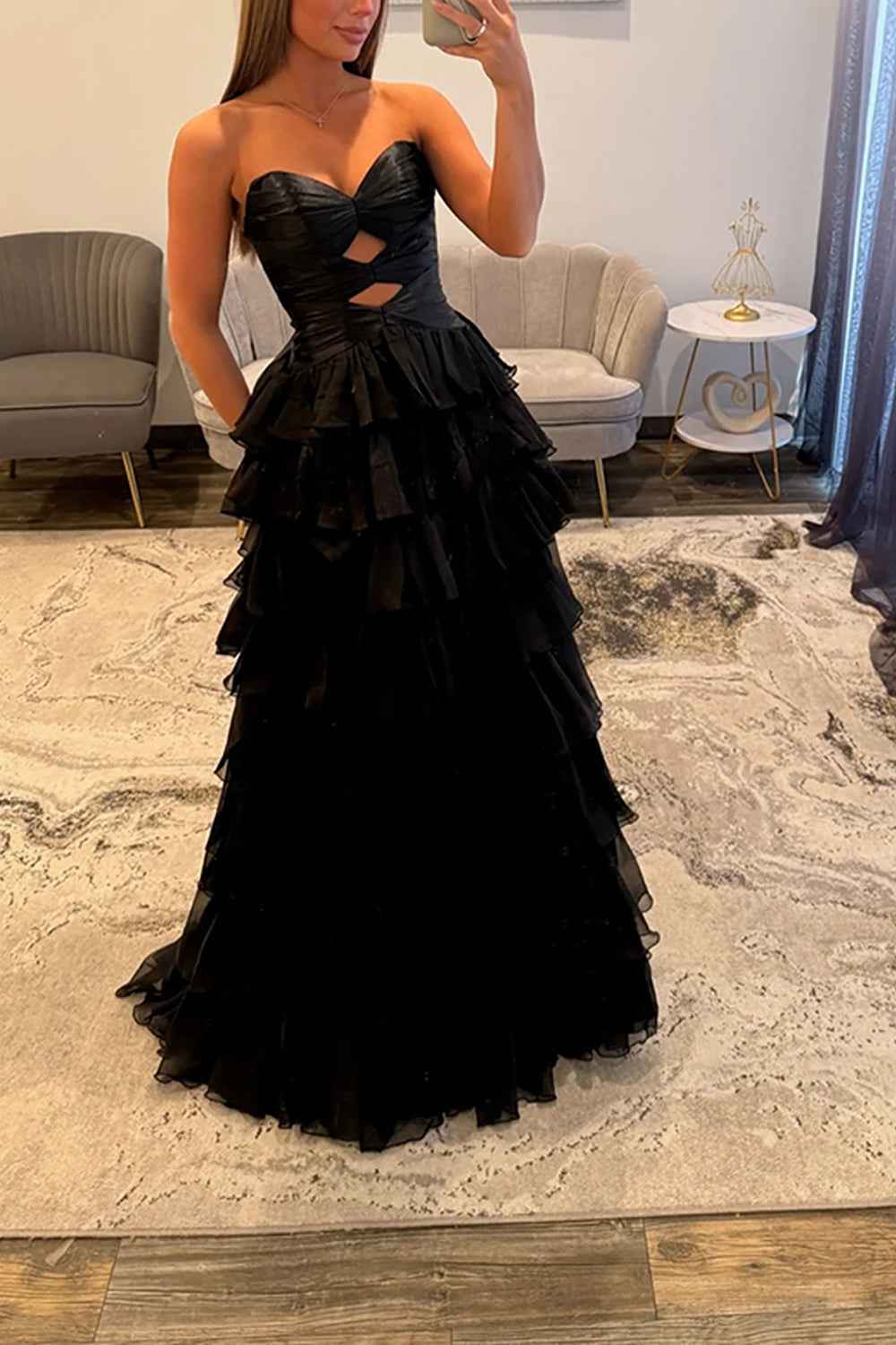 Fuchsia A-Line Sweetheart Tiered Cut Out Long Prom Dress with Slit