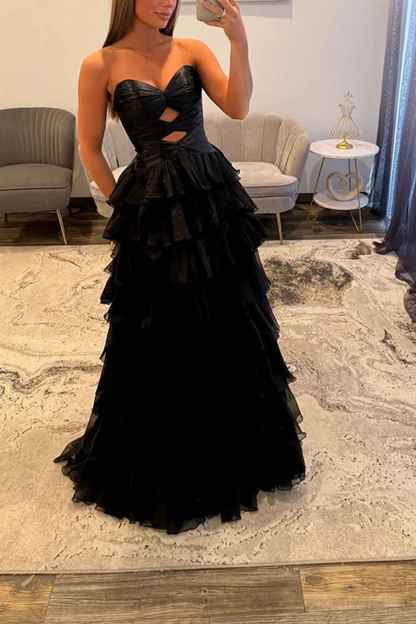 Fuchsia A-Line Sweetheart Tiered Cut Out Long Prom Dress with Slit