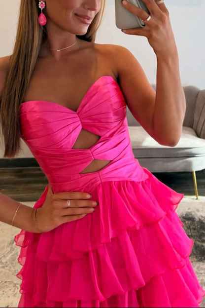 Fuchsia A-Line Sweetheart Tiered Cut Out Long Prom Dress with Slit