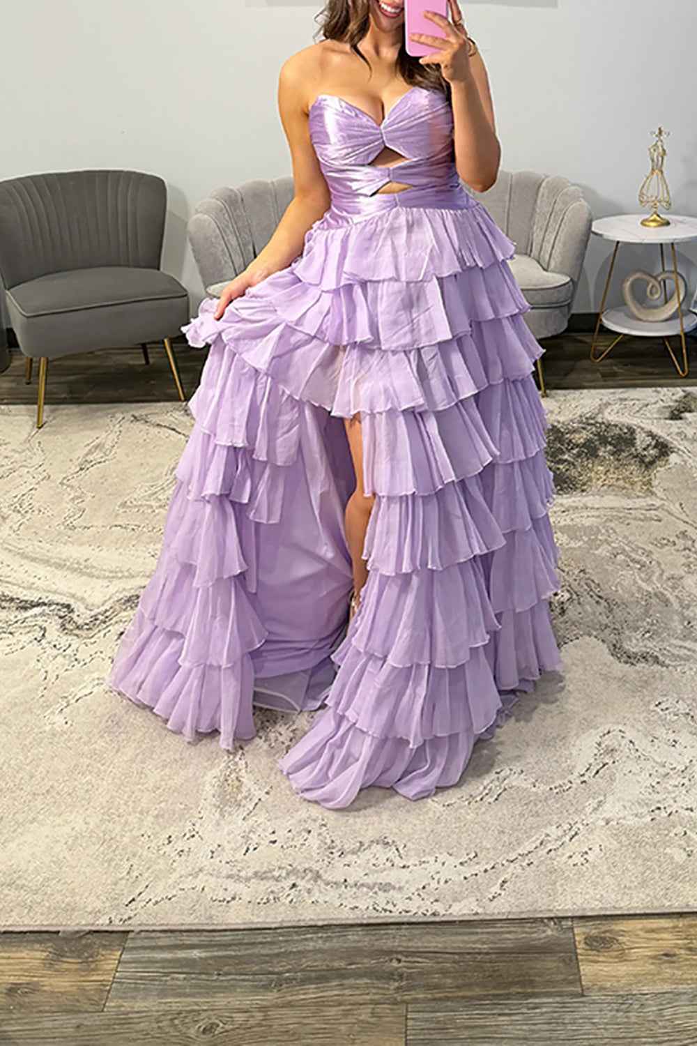 Fuchsia A-Line Sweetheart Tiered Cut Out Long Prom Dress with Slit