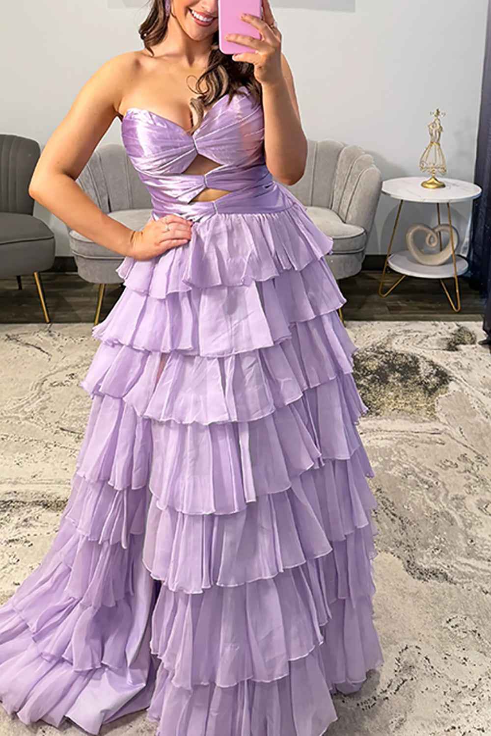 Fuchsia A-Line Sweetheart Tiered Cut Out Long Prom Dress with Slit
