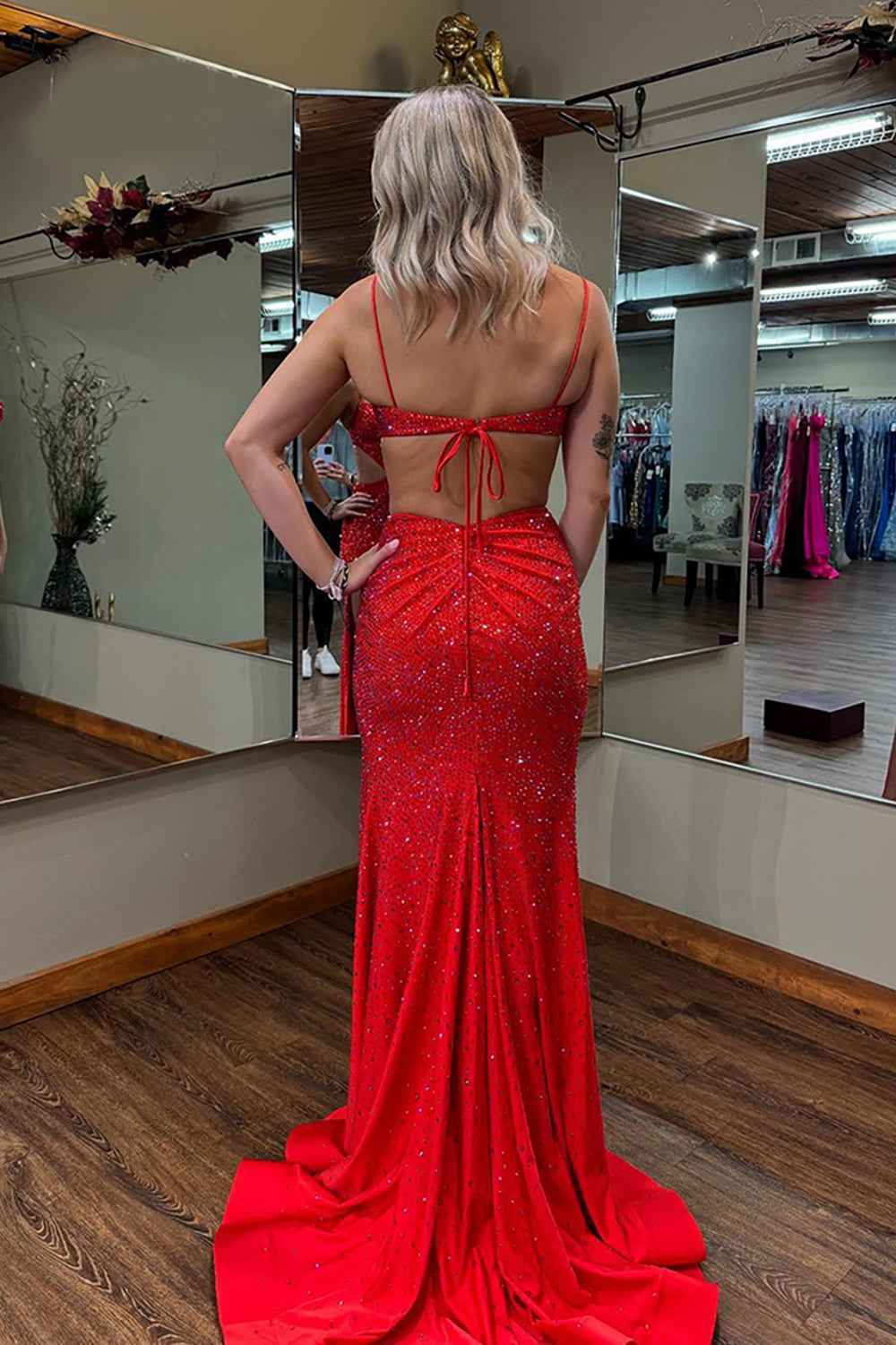 Sparkly Red Spaghetti Straps Cut-out Mermaid Long Prom Dress with Beading