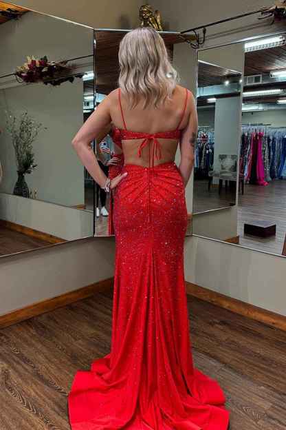 Sparkly Red Spaghetti Straps Cut-out Mermaid Long Prom Dress with Beading