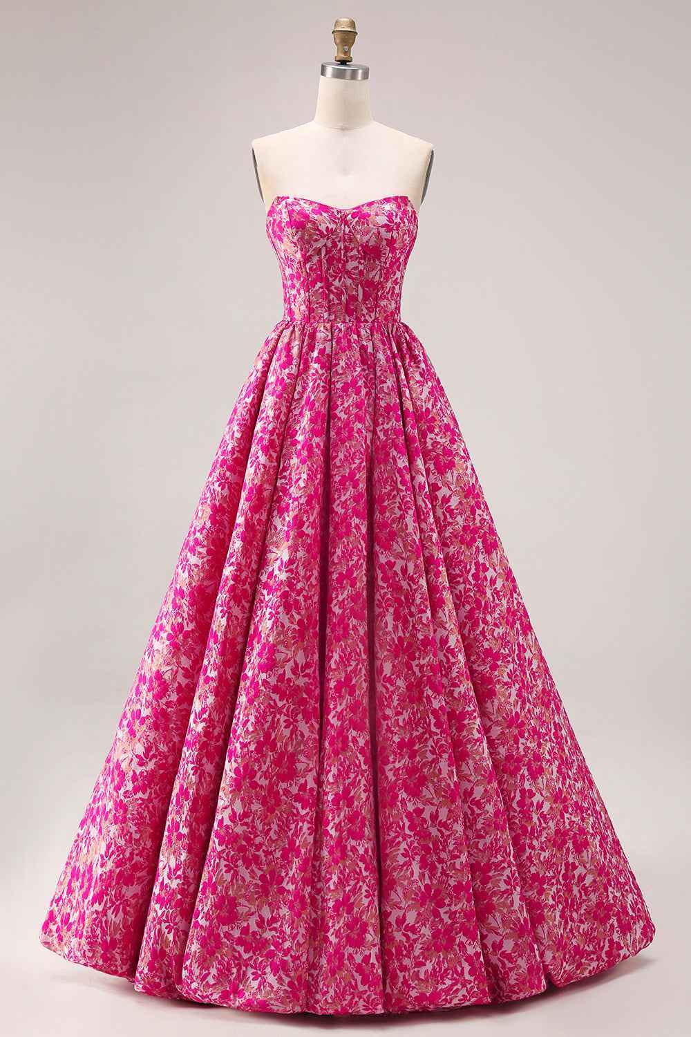 Fuchsia Floral Ball Gown Strapless Long Corset Prom Dress