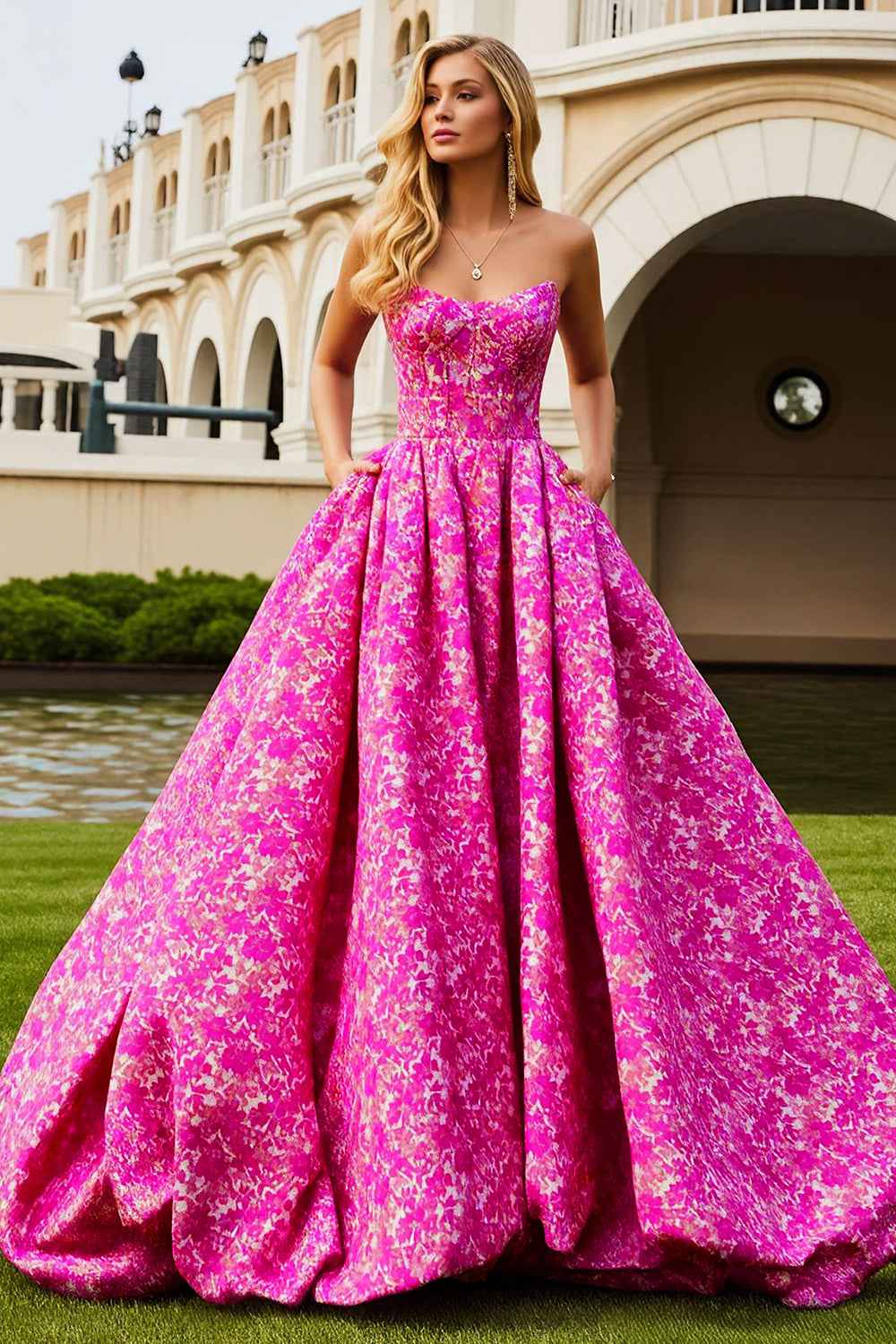 Fuchsia Floral Ball Gown Strapless Long Corset Prom Dress