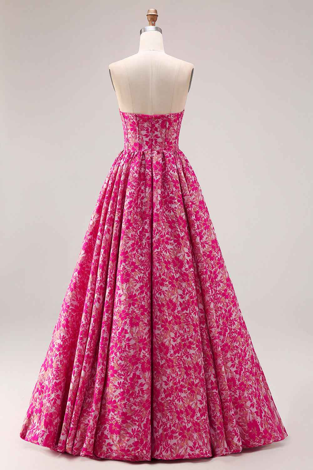 Fuchsia Floral Ball Gown Strapless Long Corset Prom Dress